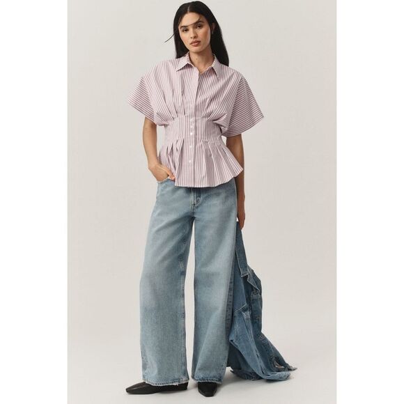 New Anthropologie The TOBIE Pleated Blouse by Exquise: Short-Sleeve Edition Sz S - Picture 1 of 8